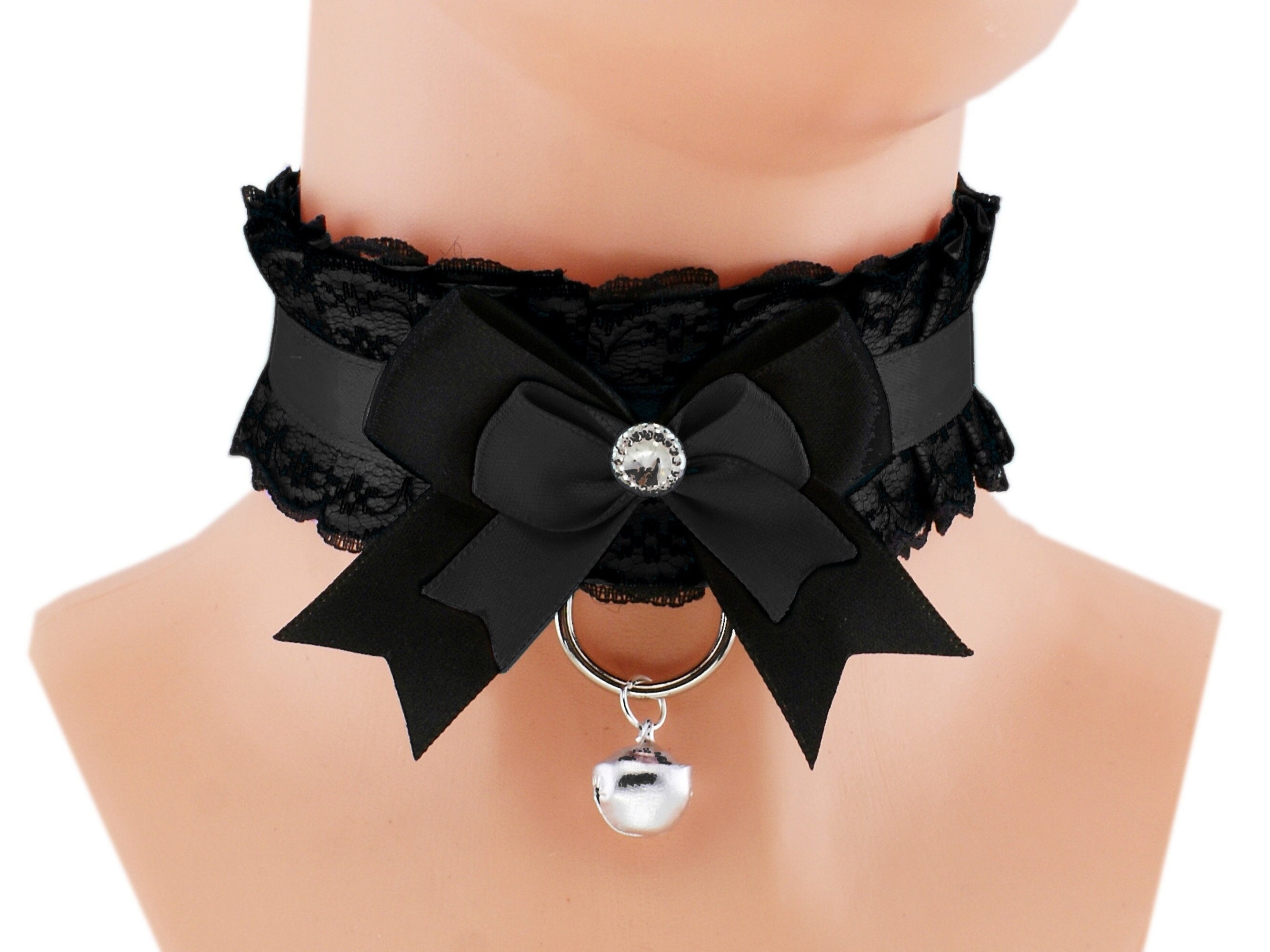 Satin Lace Collar, D-Ring Bow Choker with Bell, Handmade XS - 5XL
