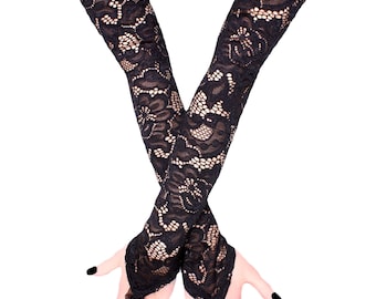Elegant Black Lace Fingerless Gloves, 20" Extra Long Wedding Arm Warmers with Finger Loop, Pointed Gothic Evening Sleeves, Plus Size XS-3XL