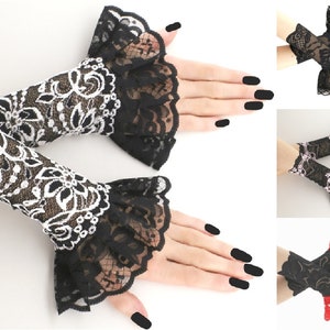 Lace black gloves fingerless gloves ruffled gloves womens formal gloves evening gloves plus size available