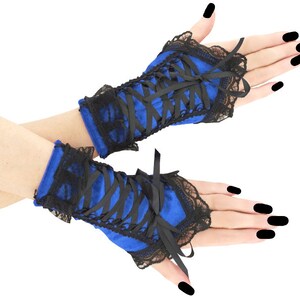 Women velvet gloves fingerless wrist warmers blue with black lace evening gloves lacing corset short warmers costume gothic goth all sizes