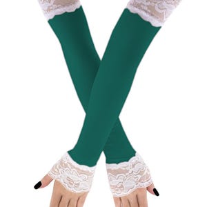 Groene extra lange vingerloze operahandschoenen met kant, armwarmers voor dames, ellebooglengte handschoenen armmouwen elegant formeel kostuum, handgemaakte geschenken