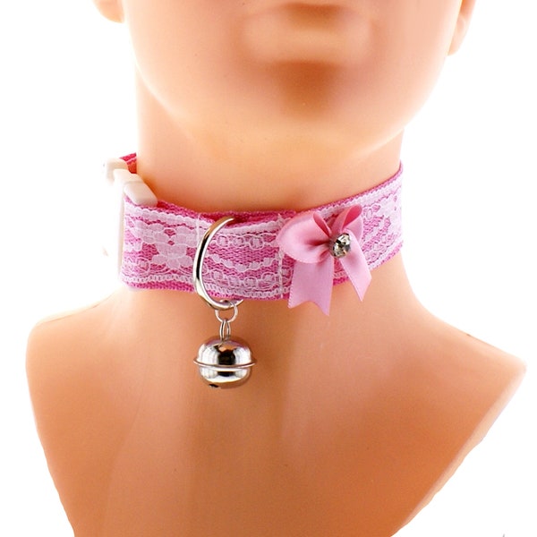 Collier avec boucle pour femme, tour de cou petplay, dentelle blanche, nœud en satin rose, collier robuste pour jouer, collier grelot, anneau en d, plus de couleurs et de tailles