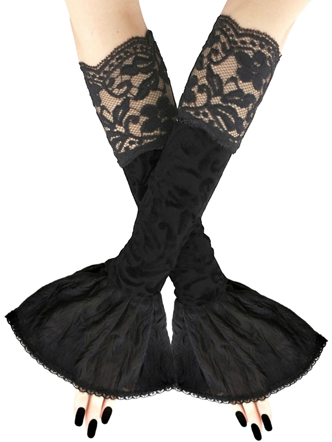 Long Stretchy Black Velvet Arm Warmers Textured Ruffle Sleeves Gothic ...