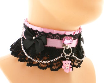 Pink Black Kitten Pet Play Collar Gear, Princess Pendant Bear Choker Necklace Satin Lace Ruffles Pink Bow Tug Proof Daddys Girl Kawaii