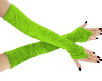 Neon green velvet gloves extra long over elbow fingerless gloves womens pastel arm warmers formal evening opera gloves cosplay costume
