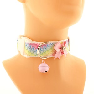 Kitten Pet Play Collar Rainbow Ribbon, Pink Satin Bow, Cosplay