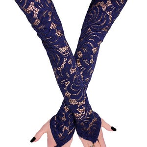 Womens Blue Lace Gloves Long Evening Opera Arm Warmers Covers Steampunk Cosplay Costume Wedding Outfit Gloves with Finger Loops Handmade