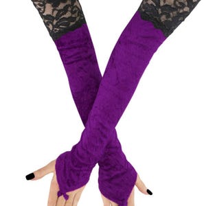 Schwarze Spitze & Lila Samt Opernhandschuhe: Extralange fingerlose Armstulpen