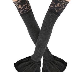 Elegant gloves sleeves glamour evening ruffled black lace extra long silver arm warmers glove festivals fingerless womens costume