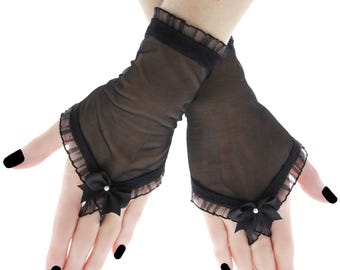 Black Tulle Fingerless Gloves, Gothic Lace Wrist Warmers with Bow, Pointed Evening Sleeves with Finger Loop, Formal Handmade Costume Gear