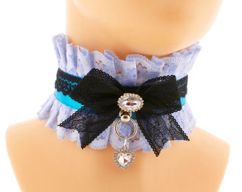 Blue lace satin choker necklace, kitten pet play collar, bow bling rhinestone heart pendant handmade gift  made to order