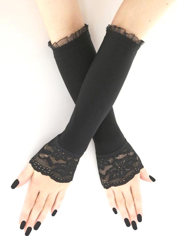 Black Lace Trim Fingerless Opera Gloves, Gothic Arm Warmers