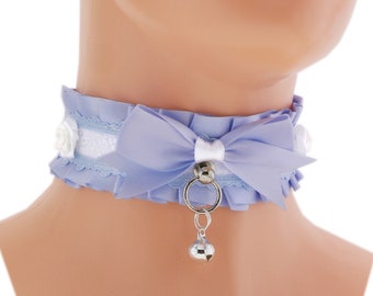 Bebé gatito azul mascota juego collar engranaje princesa gargantilla collar satén encaje azul blanco arco campana tirón a prueba papás chica kawaii pastel