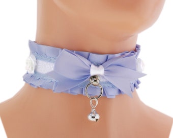 Chaton bleu bébé collier de jeu pour animal de compagnie, collier ras de cou princesse, dentelle de satin, noeud blanc bleu, cloche à l'épreuve des remorqueurs, fille à papa, pastel kawaii