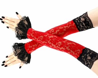 Extra long lace gloves, red black lace womens gloves, evening opera lace gloves, arm sleeves over elbow formal gloves stretch arm cover