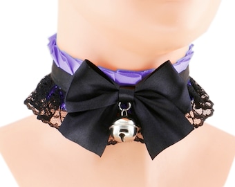 Purple kitten play collar satin lace choker kitten petplay collar necklace with black lace ring bow and bell handmade, made to order