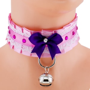 Pink Satin Kitten Collar: Lace, Purple Bow, Bell, Neko Cosplay