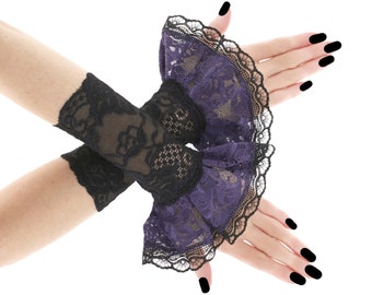 Guantes de encaje negro púrpura para mujer, guantes sin dedos con volantes, traje gótico gótico, guantes formales para mujer, guantes de noche de talla grande disponibles