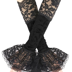 Elegant gloves, glamour evening ruffled gloves black with lace long romantic arm warmers gloves festivals fingerless womens costume