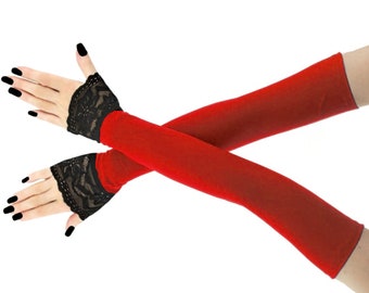 Extra long red gloves arm warmers evening gloves, with black lace fingerless womens ball long costume gloves stretch arm cover stretchable