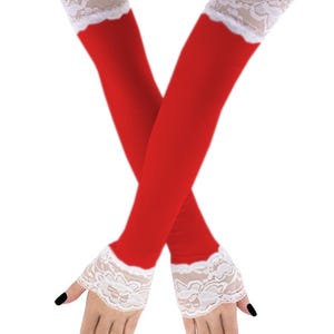 Rode extra lange vingerloze operahandschoenen met kant, armwarmers voor dames, handschoenen tot ellebooglengte armmouwen elegant formeel kostuum, handgemaakte geschenken