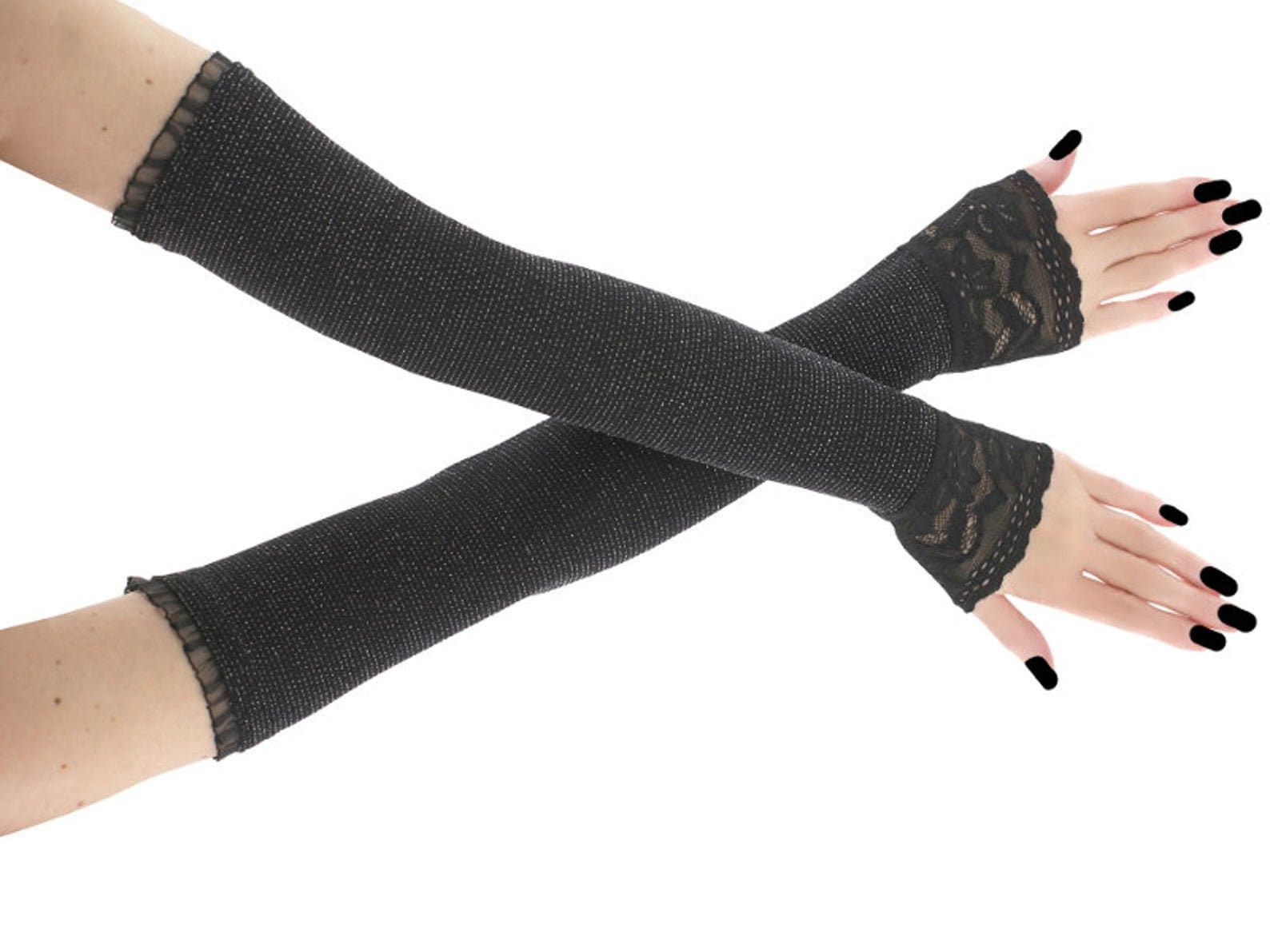 Extra Long Arm Warmers Gloves, Blue Black Sleeves Evening