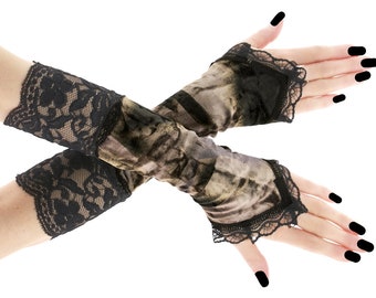 Women gloves velvet black lace fingerless long warmers evening costume plus size available elbow length