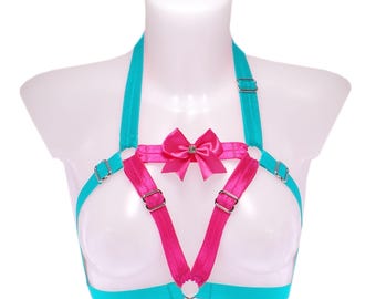 Imbracatura elastica turchese e rosa neon, top da ballo regolabile con nastri e spalline, completo da festival rave fatto a mano, gabbia per il corpo cyber kawaii, taglie XS-XL