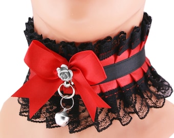 Collar gatito petplay, gargantilla de encaje satinado negro rojo, collar con lazo de anillo de encaje y campana, príncipes lolity neko kawaii, hecho a pedido hecho a mano