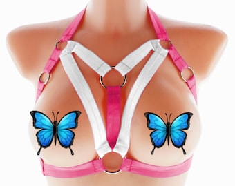 Harnais de corps pour femmes rose blanc néon uv brillant haut ouvert lingerie à lanières élastiques haut de la poitrine ruban extensible anneau de cage mode pastel