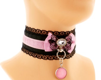 Kawaii pink velvet black collar choker satin bow with gem o ring pendant neko princess jewel handmade gift made to order