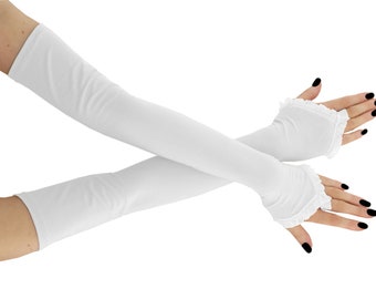 extra long white gloves opera bridal wedding fingerless womens arm warmers over elbow