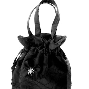 Gothic Drawstring Bucket Bag: Spider Lace, Bow Accent, Handmade
