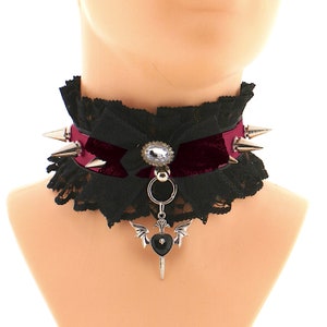 Pastel gothic collar choker with ring and metal spikes, sewn in satin with lace with gothic skull heart pendant handmade gift, made to order
