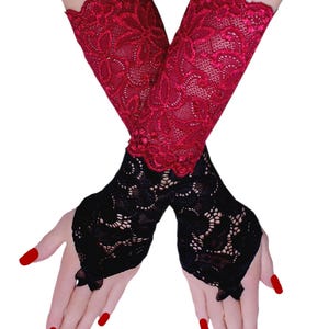 Burgundy & Black Lace Fingerless Gloves, Evening Opera Arm Warmers Handmade XS - 3XL