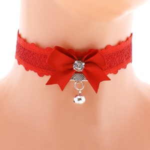 red satin lace choker necklace with bow and bell neko girls princess lolita kawaii handmade I have several colors and sizes