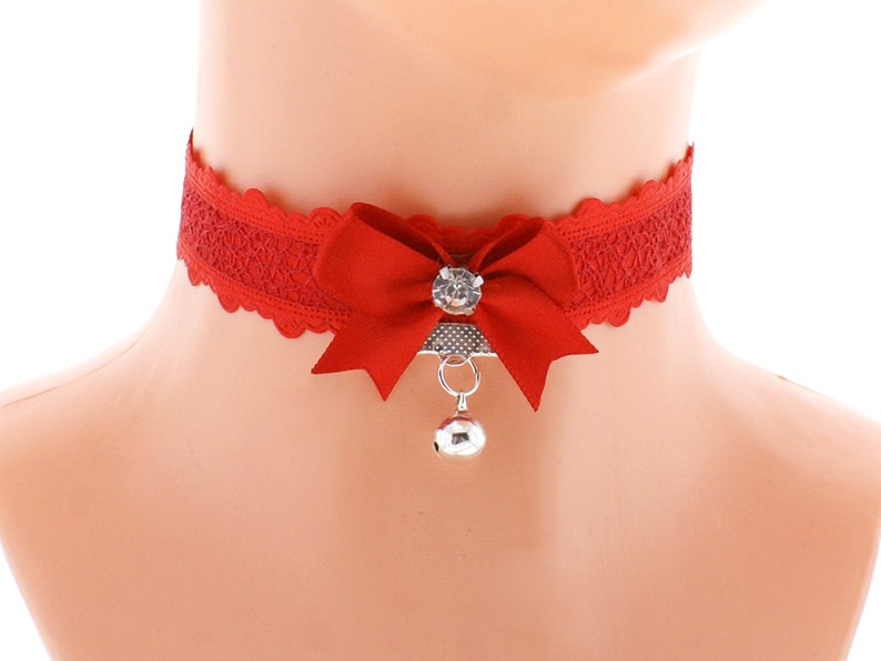 red satin lace choker necklace with bow and bell neko girls princess lolita kawaii handmade I have several colors and sizes