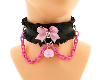 Kitten Pet Play Collar Bow Kawaii Black Organza Satin Choker with Pink Chain & Bell, Harajuku Style, Neko Anime Cosplay, Statement Jewelry