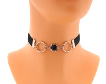PN112 Surfer Style Leather Choker Necklace With Metal Rings - Vintage Brown Leather Choker 9 thumbnail image