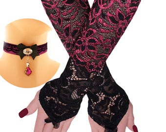 Conjunto gótico de gargantilla y guantes, mangas puntiagudas de encaje negro y vino tinto, collar con colgante de diamantes de imitación iridiscentes, accesorio romántico victoriano, XS-3X