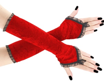 guantes de terciopelo para mujer rojo negro con encaje sin dedos sobre el codo calentadores de brazos para mujer, guantes formales cubierta de brazo elástico