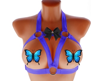 Blue fashion women harness elastic strappy lingerie chest top stretch ribbon body cage ring pastel kawaii lingerie dancing  burlesque