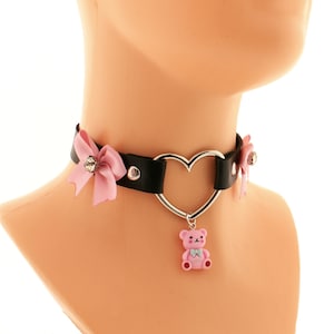 Black vegan leather metal heart choker with satin pink bow collar, kitten pet play collar pendant bear, vegan leather kawaii collar choker