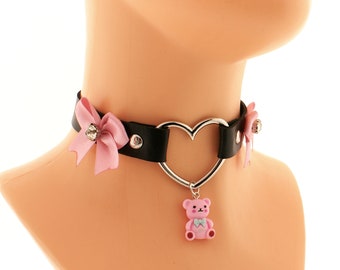 Black vegan leather metal heart choker with satin pink bow collar, kitten pet play collar pendant bear, vegan leather kawaii collar choker