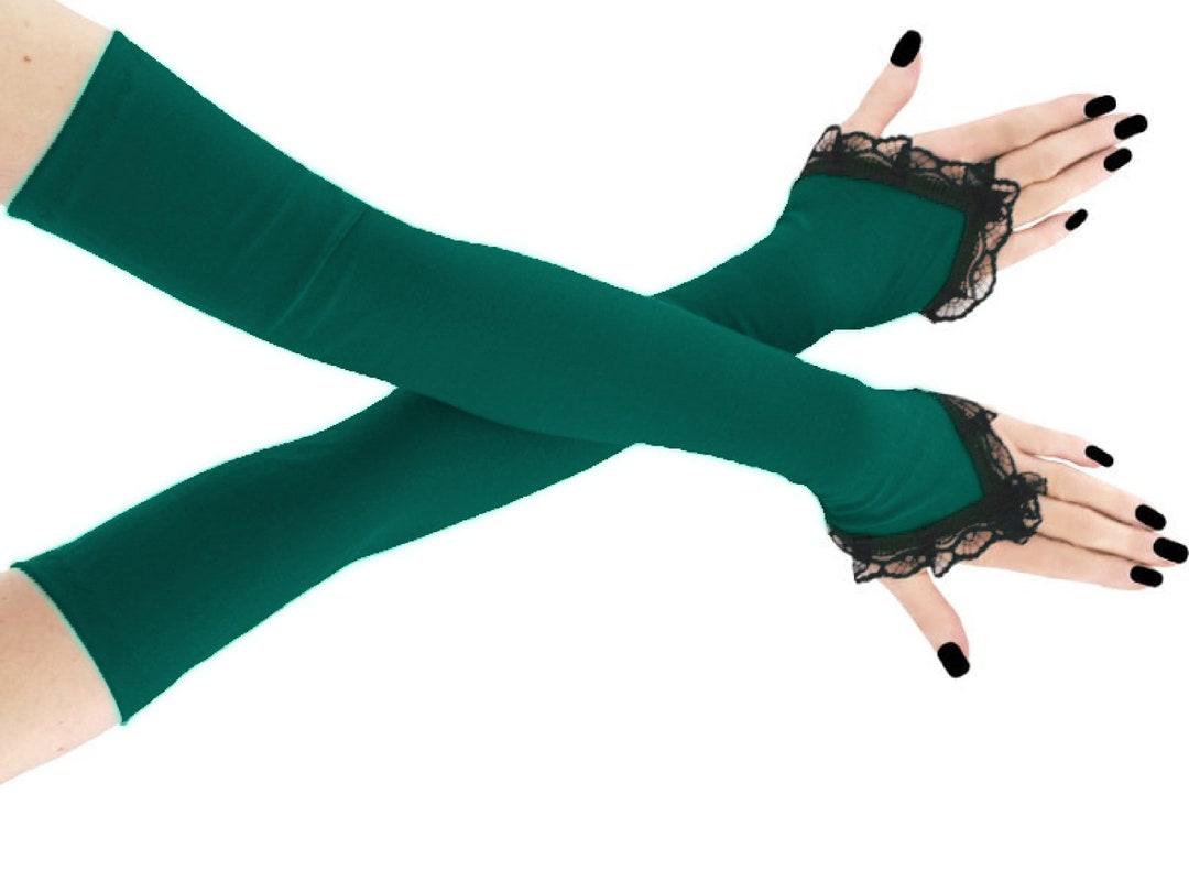 Extra Long Fingerless Opera Gloves Green Black Lace Over Elbow Womens
