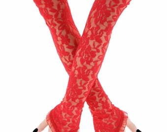 Red Lace Fingerless Gloves, Red Embroidered Lace Gloves, Opera Red Costume Gloves, Lace Bridal Gloves, Red Prom Gloves, Formal Event Gloves