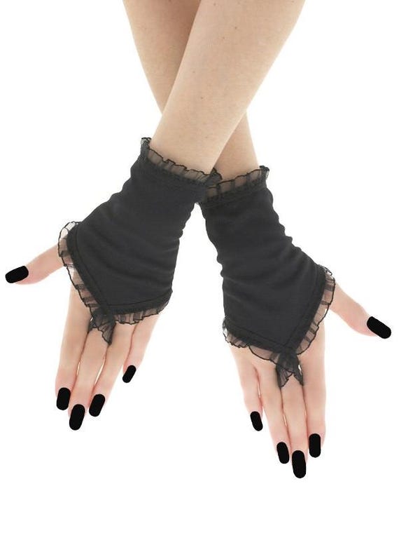 Handmade Black Lace Fingerless Gloves, 6 Inch Finger Loop Glove