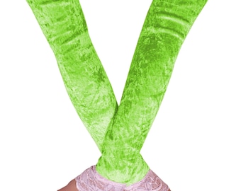 Neon Green Velvet Fingerless Gloves with White Lace Trim, 20" Extra Long Opera Arm Warmers, Cybercore Rave Costume Accessory, All Sizes