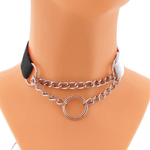 Slip Chain Choker Nylon Solid Collar with Chain and O-Ring, Booklet Necklace Collar with O-Ring Handmade Goth Punk Custom More Sizes