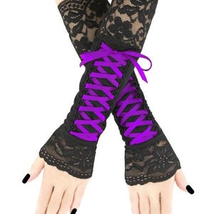 Black Lace Fingerless Gloves: Gothic Corset Ribbon Arm Warmers